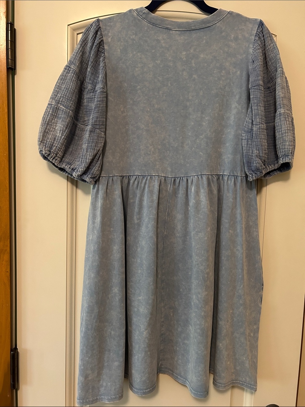 Washed Light Blue Puff-Sleeve Babydoll Mini Dress - Picture 8 of 8